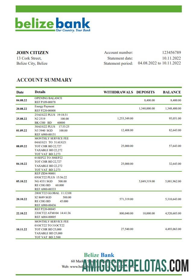 Belize Belize modelo de extrato bancário